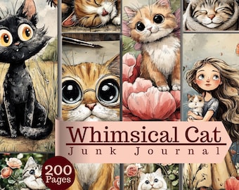 Whimsical Cat Junk Journal, Cat Lovers, Feline Art, Kawaii Cats, Journal Pages, Digital Download, Printable Art, (Digital download)