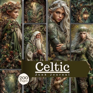 Puede incluir: Un diario de estilo junk journal celta de 200 páginas con ilustraciones de seres del bosque, incluyendo figuras con cabello largo, coronas florales y vestimenta verde, junto a un anciano barbudo con capa y escenas boscosas con faroles.