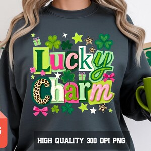 Lucky Charm PNG, St Patricks Day Coquette Bow PNG, Clover Leopard Print Digital Download, Retro Lucky