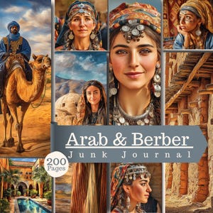 Puede incluir: Un collage de ilustraciones con personas en vestimenta tradicional, paisajes desérticos y arquitectura, con el texto 'Arab & Berber Junk Journal' y '200 Pages' sobre una banda gris, mostrando una colección de 200 páginas de imágenes.