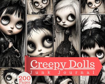 Creepy Dolls Junk Journal Pages, Gothic Art, Dark Illustrations, Horror, Halloween, Creepy Art, Dolls, Gothic Journal, (Digital download)