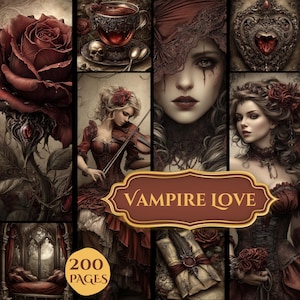 May include: A collage of images with a gothic theme, featuring a large red rose, a woman playing the violin, and a woman with dark makeup. The text "VAMPIRE LOVE" is displayed on a brown banner, and "200 PAGES" is also visible.