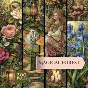 Puede incluir: Un collage de arte digital con temática de bosque mágico. La imagen presenta un hada, flores, setas, una linterna y el texto "MAGICAL FOREST" y "200 PAGES". La paleta de colores incluye verdes, rosas y azules.