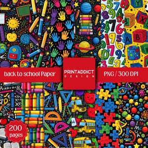 Peut inclure: Une collection numérique de motifs sur le thème de la rentrée scolaire avec des illustrations colorées de crayons, bus scolaires, blocs alphabétiques, chiffres, planètes, pièces de puzzle et empreintes de mains sur des fonds noirs, blancs et jaunes.