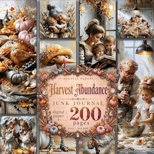 Peut inclure: Une collection de papiers numériques intitulée Harvest Abundance comprenant 200 pages au format PNG à 300 DPI. Le collage présente diverses illustrations sur le thème de l'automne, dont des citrouilles, une dinde rôtie et des scènes familiales.