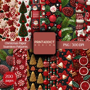 Peut inclure: Une collection de motifs numériques de Noël sans couture présentant des images festives incluant le Père Noël, des sapins décorés, des sucres d'orge, des boules rouges, des pommes de pin, des biscuits, des cloches et des agrumes avec le texte PRINTADDICT DESIGN.