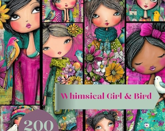 Puede incluir: Un collage de ilustraciones caprichosas con chicas y pájaros. La obra de arte muestra chicas con ojos grandes, flores y pájaros. También se ve el texto "Whimsical Girl & Bird" y "200 Pages".