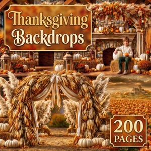 Peut inclure: Une collection de décors de Thanksgiving comprenant 200 pages de scènes sur le thème de l'automne. Les images présentent des cheminées en pierre, des bottes de foin, des citrouilles blanches, des arches de blé séché et des champs de citrouilles.