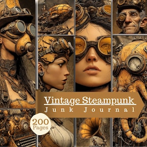 Peut inclure: Un collage d'images sur le thème steampunk montrant des personnages avec des lunettes en laiton, des dirigeables et des appareils mécaniques. Une bannière brune affiche le texte Vintage Steampunk Junk Journal et 200 Pages.