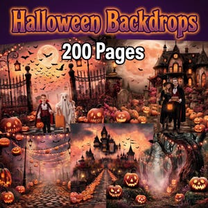 Fondos digitales de Halloween, fondo fotográfico de casa embrujada espeluznante, superposición de fotos de campo de calabazas, composición fantástica de brujas y vampiros.