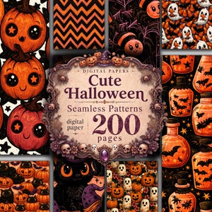 Peut inclure: Une collection numérique de 200 motifs sans couture sur le thème d'Halloween avec des citrouilles orange aux yeux étoilés, des chats noirs, des fantômes et des fioles de potion avec des chauves-souris. Le cadre central affiche le texte Cute Halloween.