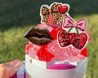Valentine hearts leopard print with cherries Tumbler Topper, Acrylic fake Ice, Fits Stanley H2.0 (Light Up Option)