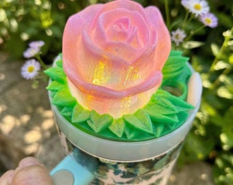 Rose topper for 40oz or 20/30oz Stanley Quencher Tumbler lid H2.0; light up option