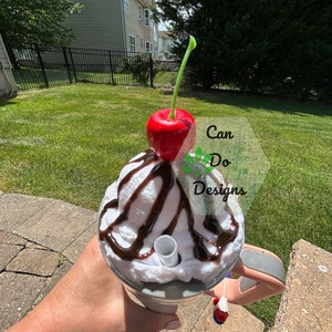 Vanilla ice cream scoop with chocolate syrup and cherry Lid for 40oz or 20/30oz Quencher Tumbler lid H2.0; 3D Topper ONLY Lid NOT included