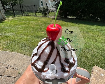 Vanilla ice cream scoop with chocolate syrup and cherry Lid for 40oz or 20/30oz Quencher Tumbler lid H2.0; 3D Topper ONLY Lid NOT included