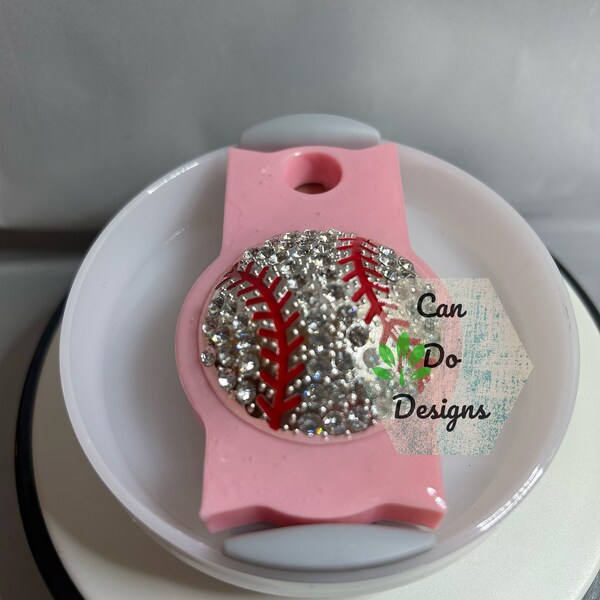 Baseball Rhinestone on pink plate 40oz or 20/30oz Quencher Tumbler lid H2.0;Lid NOT included; 3D Tumbler Topper; NEW Bling Rhinestone