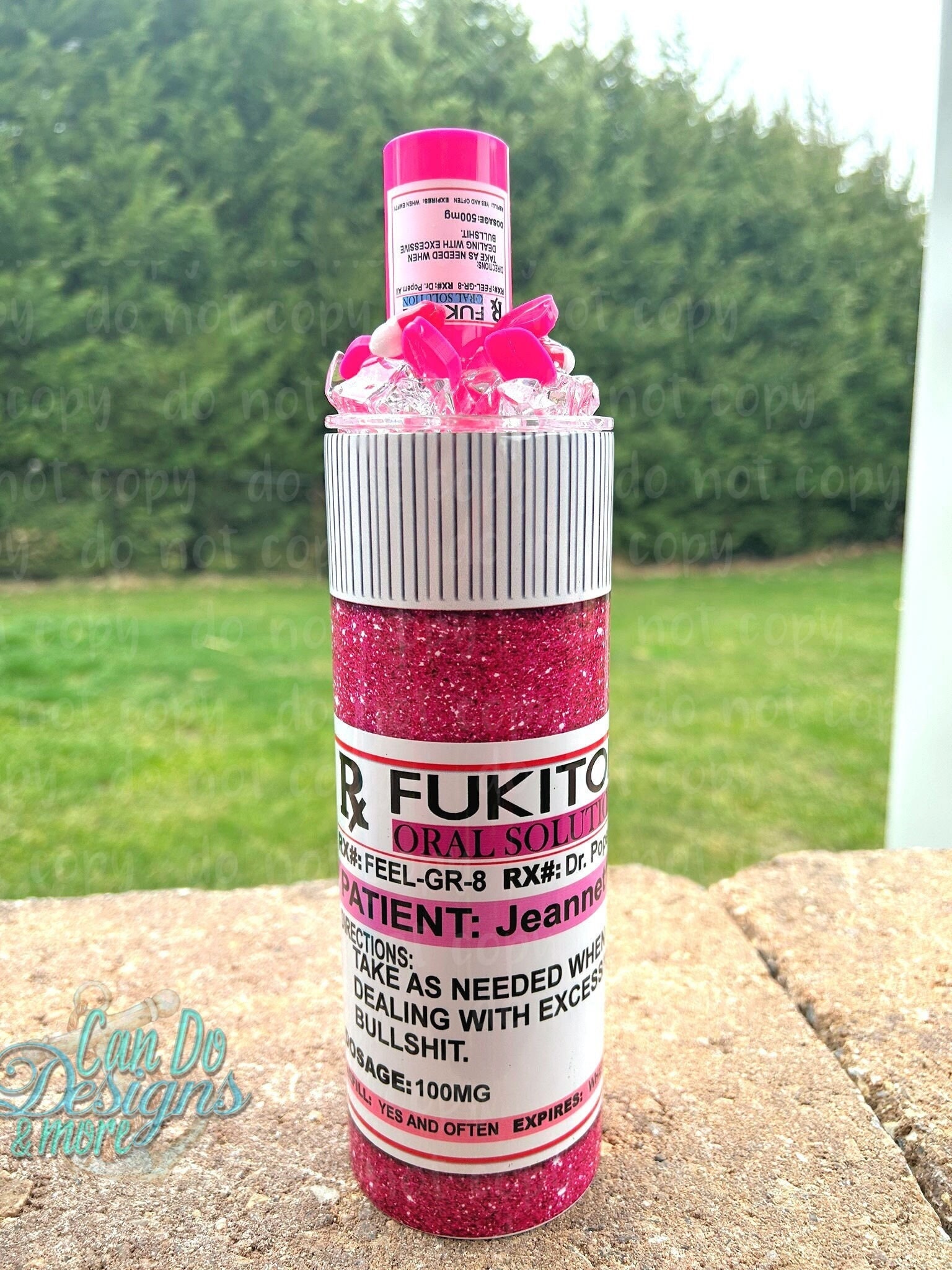 Cup + Lid Fukitol PINK "Glitter" Prescription Pill 3D Ice Lid Topper & Sublimation 30oz or 20oz Skinny Insulated Tumbler; HOT Gag Gift