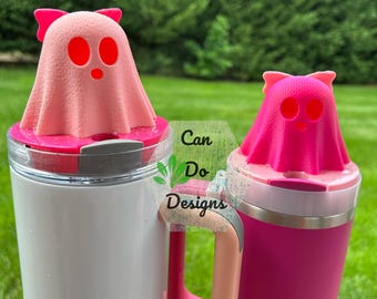 Pink Ghost with bow for 40oz or 20/30oz Stanley Tumbler lid H2.0; 3D Topper ONLY Lid NOT included Lid; Halloween Light up