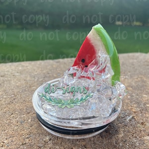 May include: A clear, round tumbler lid with a watermelon slice design. The watermelon slice is red, white, and green, with black seeds. The lid has the text "di-signs" in green script with a green leaf design.
