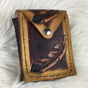 Small Leather Belt Pouch - Made to Order - Brown & Gold Feathers - Feather Belt Pouch - Hip Bag - Belt Bag - Leather Hip Bag
