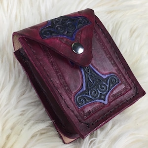Small Leather Belt Pouch - Red with Purple Mjolnir Thor&#39;s Hammer- Belt Pouch - Viking Belt Pouch - Hip Bag - Belt Bag - Leather Hip Bag