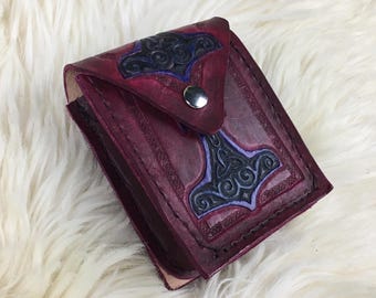 Small Leather Belt Pouch - Red with Purple Mjolnir Thor's Hammer- Belt Pouch - Viking Belt Pouch - Hip Bag - Belt Bag - Leather Hip Bag