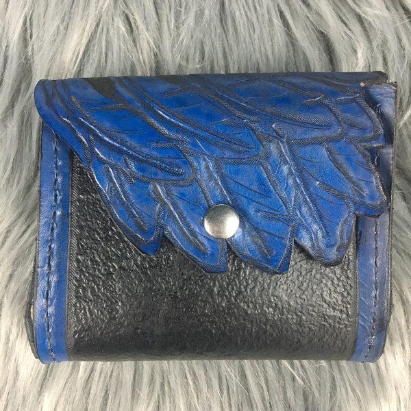 Feather Wing Leather Belt Pouch - Navy Blue Raven Feather - Eagle Feather Belt Pouch - Hip Bag - Belt Bag - Belt Pocket