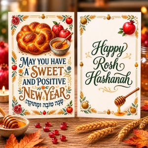 May include: Two greeting cards with festive illustrations for Rosh Hashanah. One card features a challah, apples, and honey, with text wishing a sweet new year. The other card says "Happy Rosh Hashanah" with honey and a dipper.