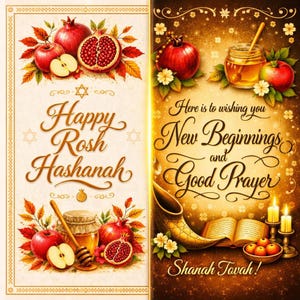 Könnte beinhalten: Eine Rosh Hashanah-Grußkarte mit zwei Tafeln. Die linke Tafel zeigt Granatäpfel, Äpfel und Honig. Die rechte Tafel zeigt ein Schofar, ein offenes Buch, Kerzen und den Text "Here is to wishing you New Beginnings and Good Prayer. Shanah Tovah!"