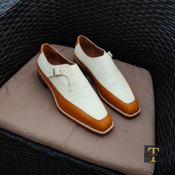 Handmade Two tone Leather Spectator Norwegian Stitched Shoes, Monk Strap Dress Shoes for men's