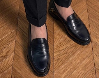 Bespoke Handmade Black Leather Slip on Dress Shoes, Loafer Style Shoes