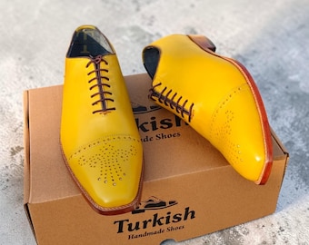 Luxury Men's Classic Shoes, Yellow Calf Leather Upper Toe Cap Brogue men Shoes