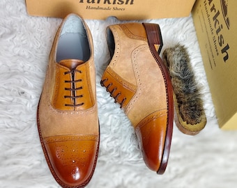 Artisan Crafted tweekleurig leer en suède oxfordschoenen met neus, luxe jubileumcadeau