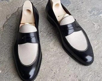 Bequeme handgemachte schwarze und halb weiße Leder Classic Dress Penny Loafers Schuhe