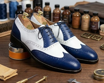 Handgefertigte Herren Blau & Weiß Lederschuh, Oxford Brogue Wingtip Formelle Schuhe