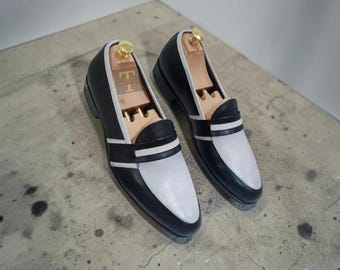 Handmade Two tone Black and White Leather Loafer Shoes, Dress Moccasin Shoe