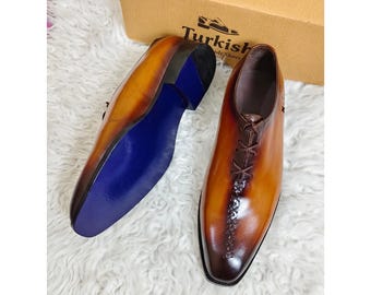 Customize Handmade Patina Leather Stitched Blue Leather sole quarter Heel Shoes