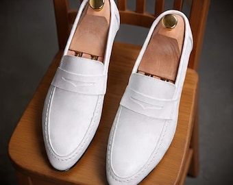 Handcrafted White Pure Leather Moccasin Slip On Loafers Shoes For Men's