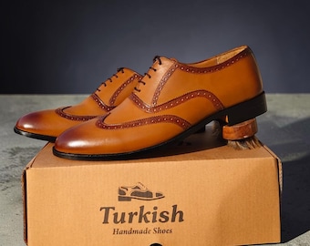 Turkish Handmade Tan Leather Shoes, Brogue Wingtip Oxford Shoes for men's