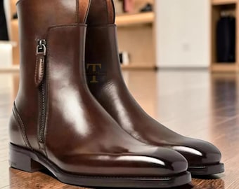 Botines turcos de cuero marrón puro hechos a mano, con cremallera, para hombre.