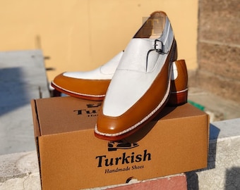 Turkish Handmade Spectator Shoes Two Tone Leather Monk Strap Norwegian Stitching