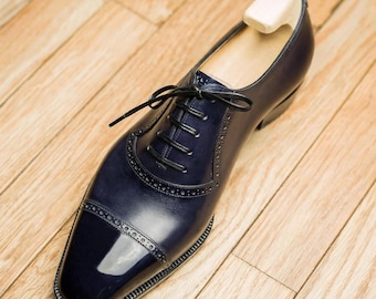 Bespoke Handmade Dark Navy Blue Leather Oxford shoes, Toe cap Dress Shoe for men's