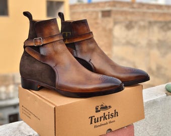 Herren handgefertigte Patina Leder und Wildleder Ankle Boot, Monk Strap Jodhpur Stiefel