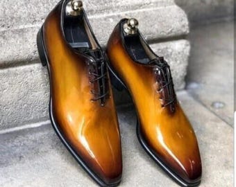 Italian Handmade Yellow Color Calf Leather Oxford Whole-Cut Dress Shoes for Men