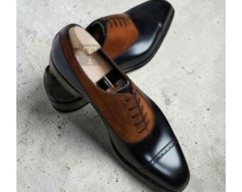 Tailored Handmade Men's Black Leather & Brown Suede Shoes, Oxford Dress Shoe