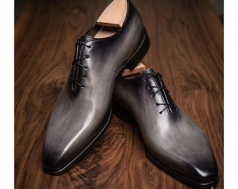 Maßgeschneiderte Pure Grey Patina Leder Schnüren Handgemachte Kleid Oxford Schuhe