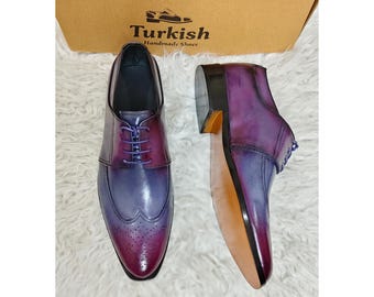 Italienische handgemachte Schuhe, Patina Leder Wingtip Derby Schuhe für Herren