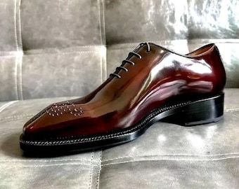 Goodyear Welted Burgundy Calf Leather Oxfords, Handmade Men's Formal Dress Shoes