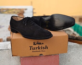 Men's Luxury Black Suede Toe Cap Dress Shoes, Oxford Classic Shoe