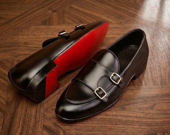 Handgefertigte schwarze Herren-Lederschuhe mit doppeltem Monk-Riemen, Penny-Loafer mit roter Sohle